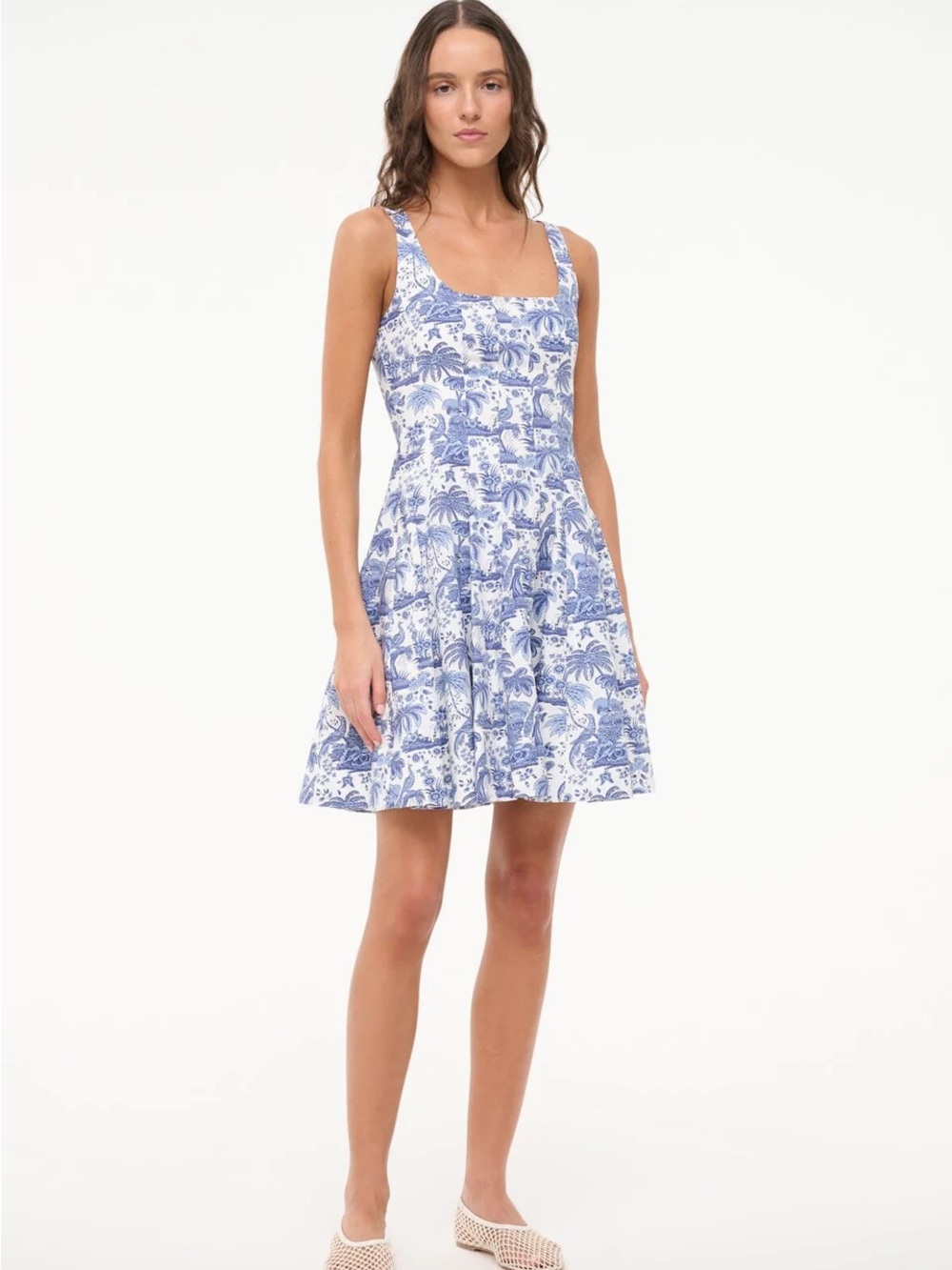 STAUD Blue Toile Print Square-Neck Sundress